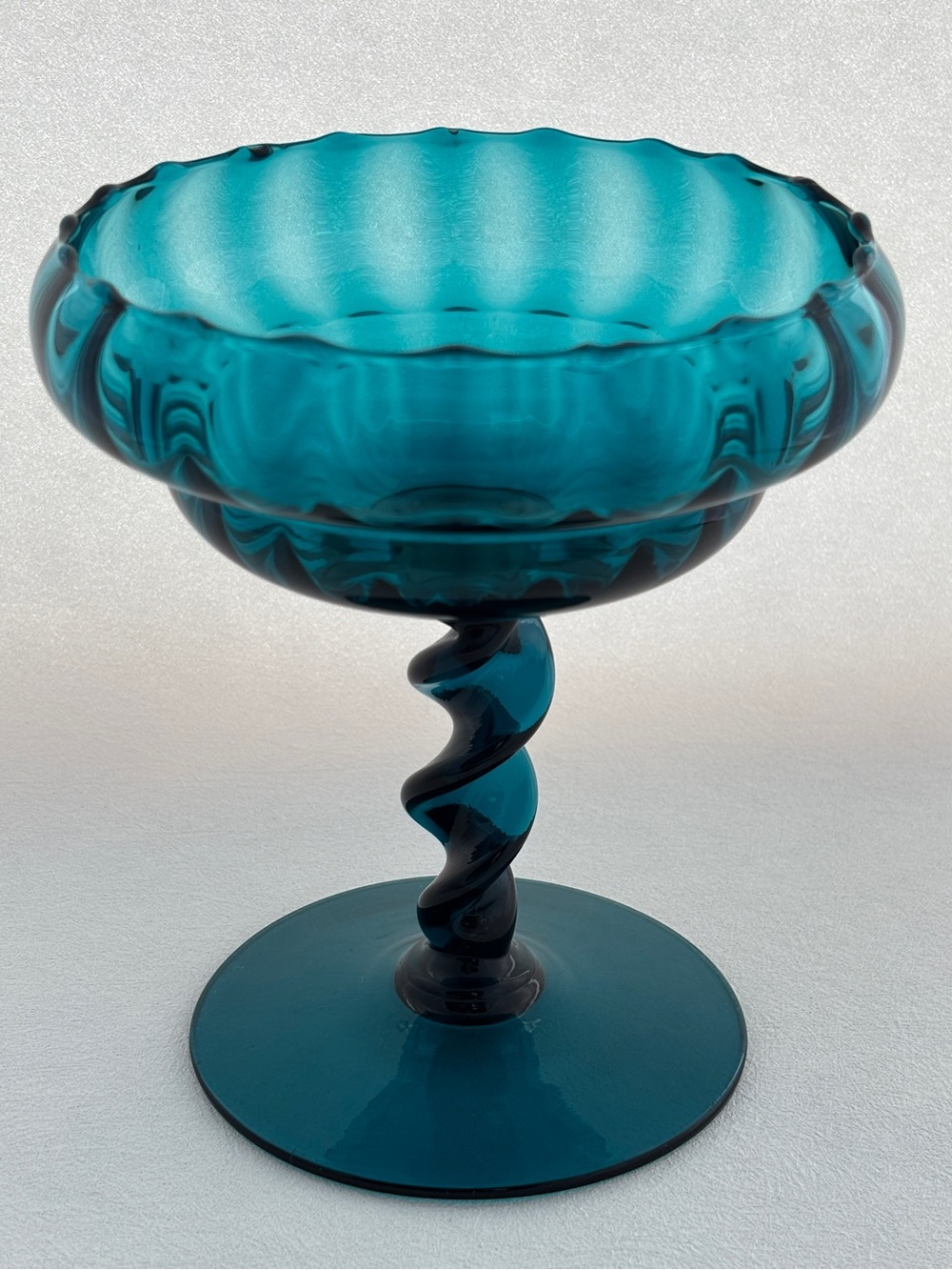 Vintage Empoli Glass Peacock Blue Optic Compote With Twisted Stem